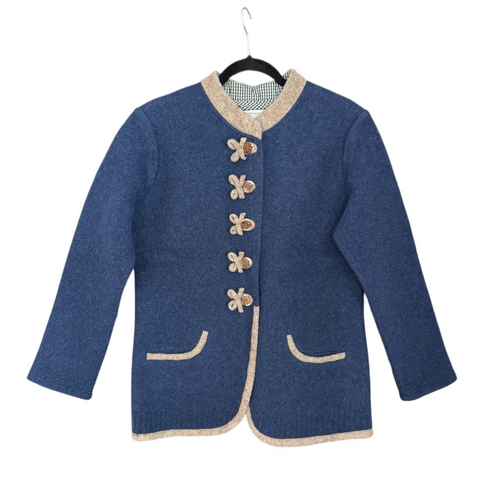 Handstrickerei Irmtraud Lanz Blue Wool Jacket Beige Trim Women’s L